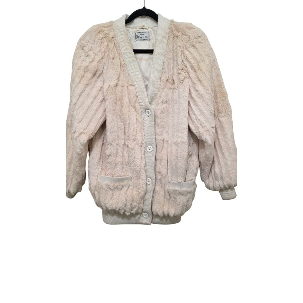 Vintage GDT‎ Rabbit Fur Soft Retro Glam Faux Fur Cardigan Jacket Ribbed Size M